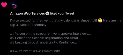 Screenshot of AWS twitter account liking Laura Boemo's tweet