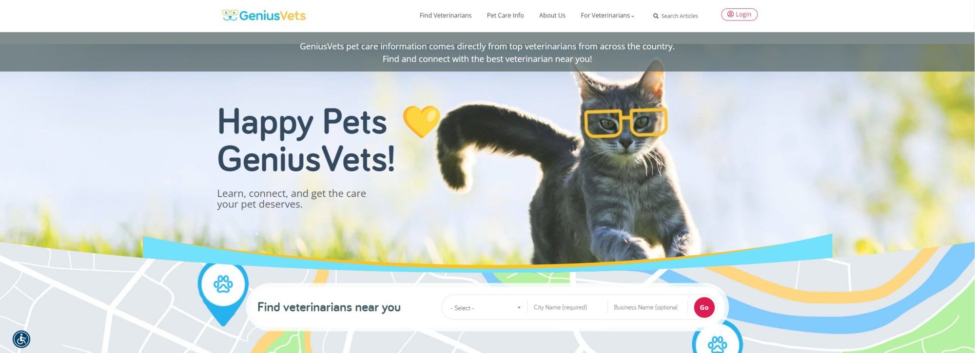 A header image with a leaping cate wearing cartoon glasses. Text: Happy Pets GeniusVets