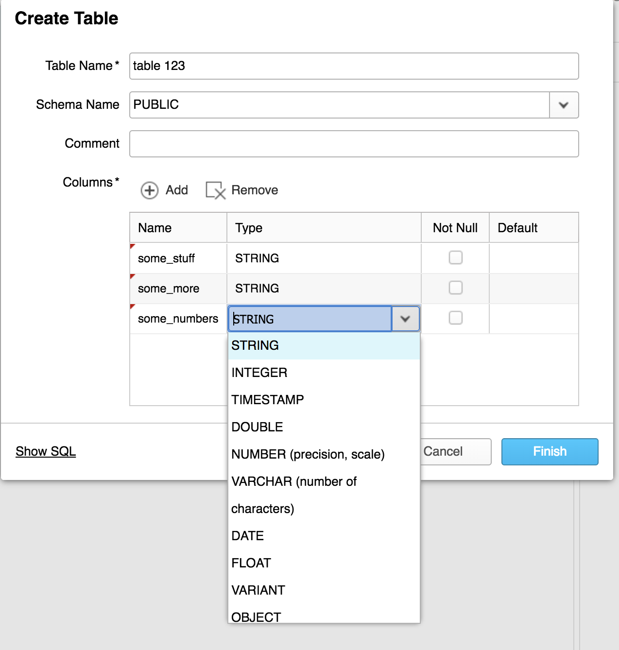 table creation screenshot