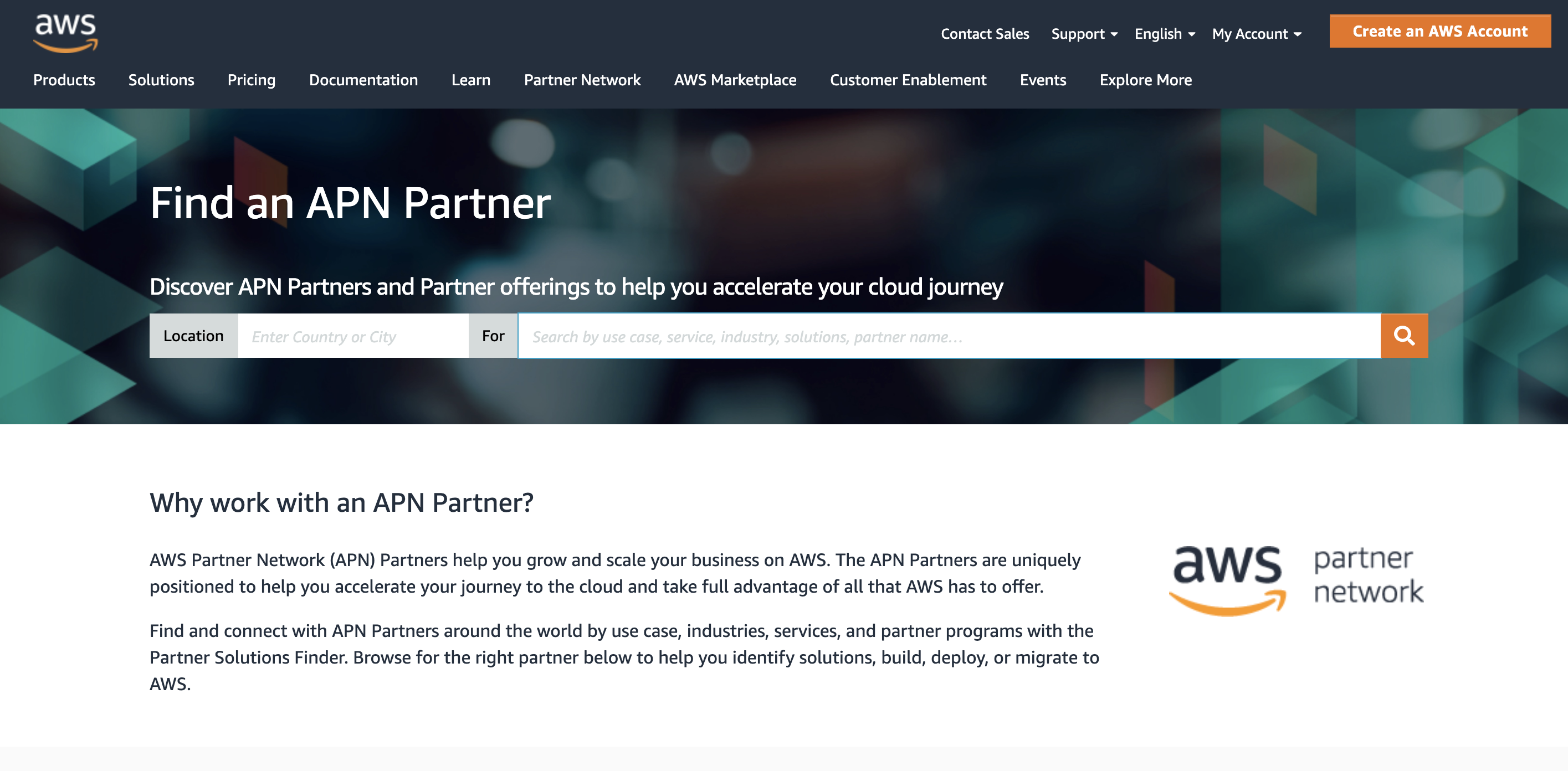 A view of the AWS Partner Finder