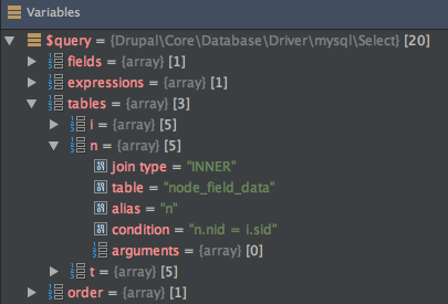 Debugging of the tables from the query object