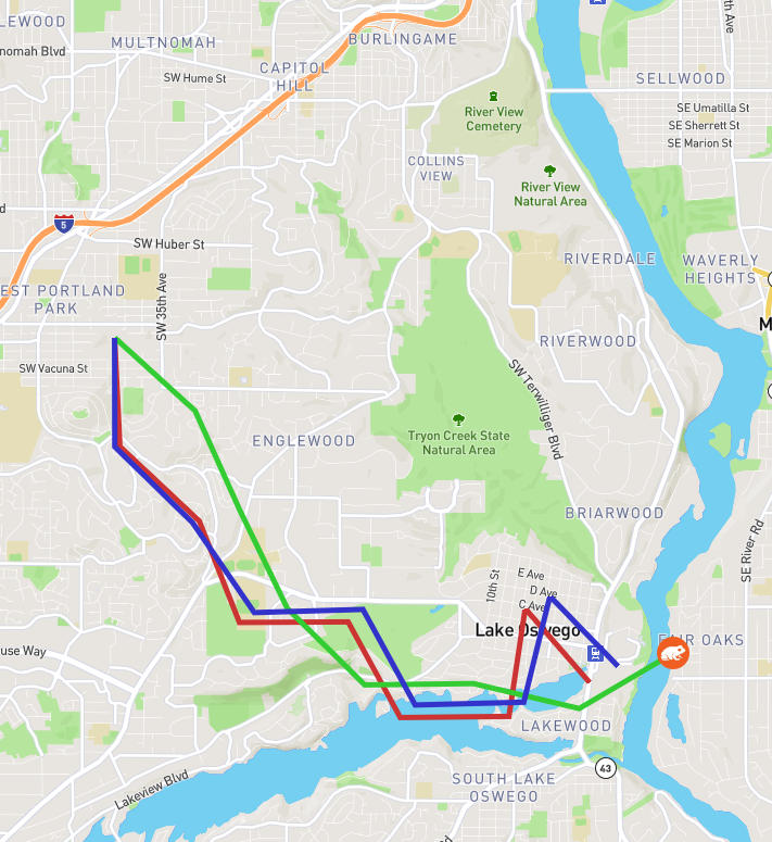 Screenshot of a map of Portland, Oregon, showing colored lines representing the routes taken by the artificial intelligence algorithm when trying to move away from the nearest freeway