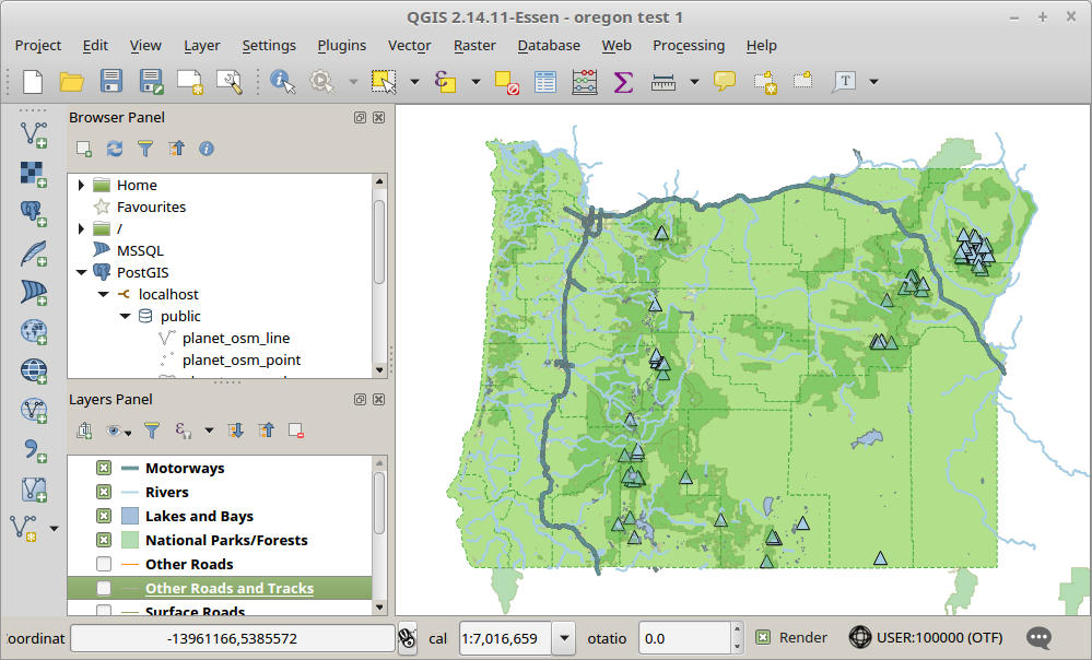 Screenshot of the QGIS application, showing a map of Oregon with roads, rivers, and mountains highlighted