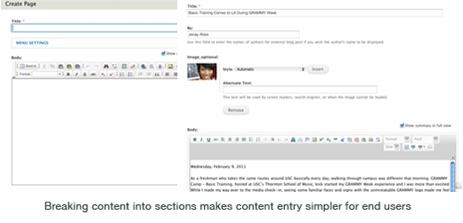Breaking content into sections makes content entry simpler for end users